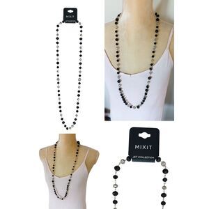NWT Mixit Jet Collection 34" Faceted Bead Long Necklace Black Silver Tone